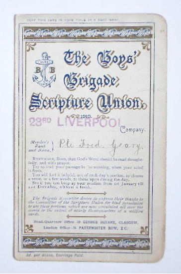 Boys Brigade scripture union 1910 membership card