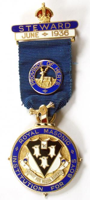 Royal Masonic Institution For Boys Hertfordshire 1936 Steward Jewel