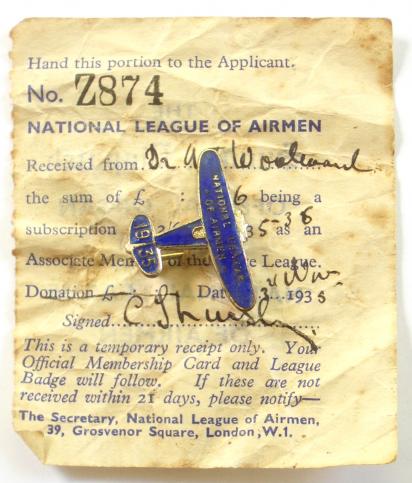 National League of Airmen 1935 badge with Sunday Newspaper Receipt