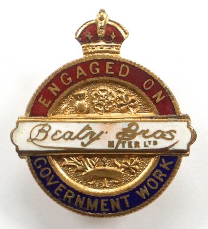WW1 Beaty Brothers Manchester Ltd on war service badge