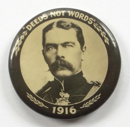 1916 Lord Kitchener deeds not words memorial tin button badge