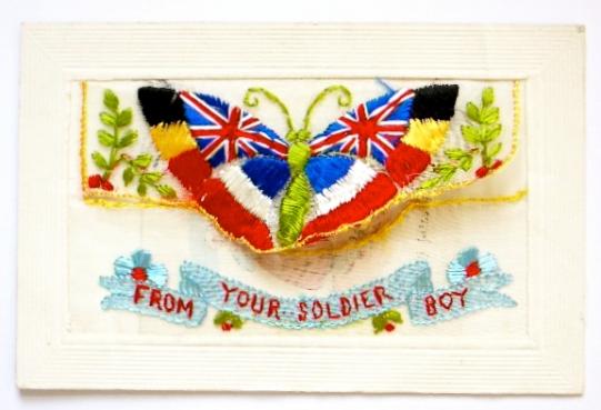 WW1 United Flags butterfly From Your Soldier Boy silk postcard