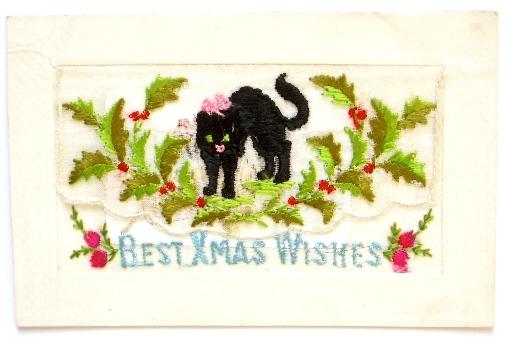 WW1 Lucky Black Cat grettings from France silk postcard