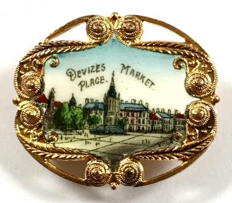 Devizes Market Place hand painted enamel picture badge c1930s