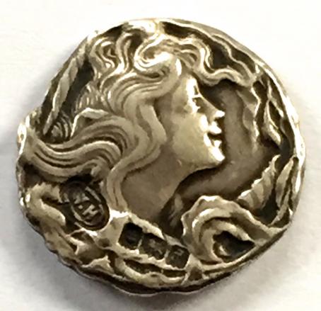 Art Nouveau free spirited woman 1903 hallmarked silver button