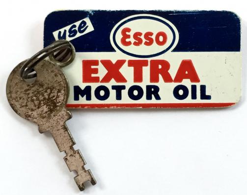 Esso Extra Motor Oil advertising key ring badge and 1960s padlock key