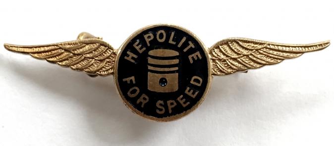 Hepolite For Speed piston manufacturer advertising badge c1950s