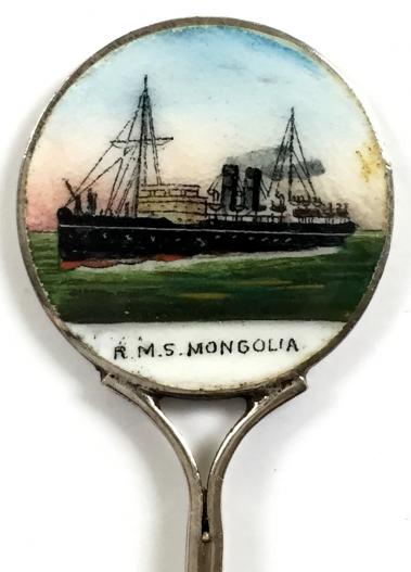 RMS Mongolia sunk 1917 painted enamel ships picture 1906 spoon.
