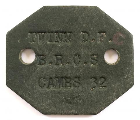 WW2 British Red Cross Society Cambridgeshire identification dog tag.