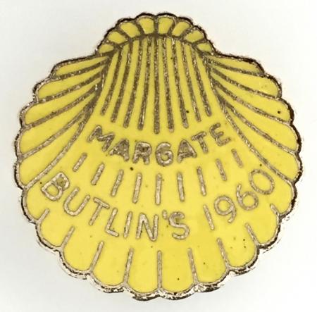 Butlins 1960 Margate Holiday Camp yellow scallop shell badge.