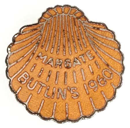 Butlins 1960 Margate Holiday Camp orange scallop shell badge.