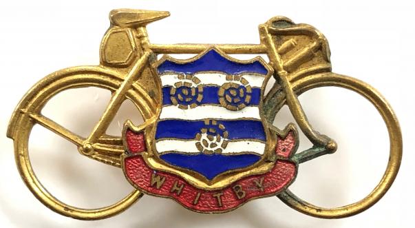 Cyclists Touring Whitby Town souvenir vintage bicycle badge.
