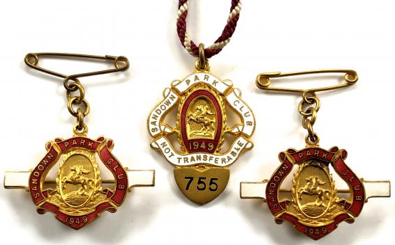 1949 Sandown Park Racecourse horse racing club set of three badges.