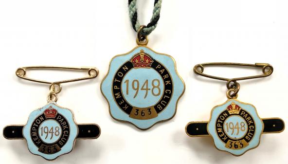 1948 Kempton Park Racecourse horse racing club set of three badges.