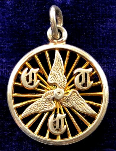 Cyclists Touring Club winged cycle wheel CTC miniature silver watch fob badge.