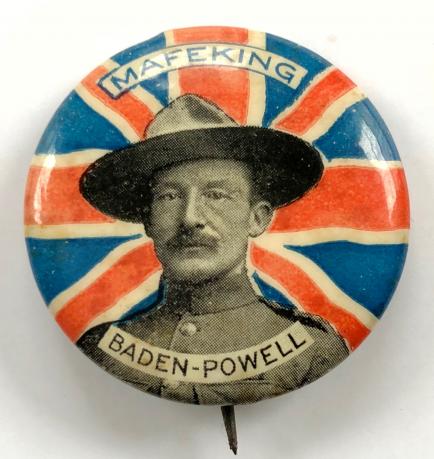 Baden Powell Boer War Mafeking Union Jack celluloid tin button badge.