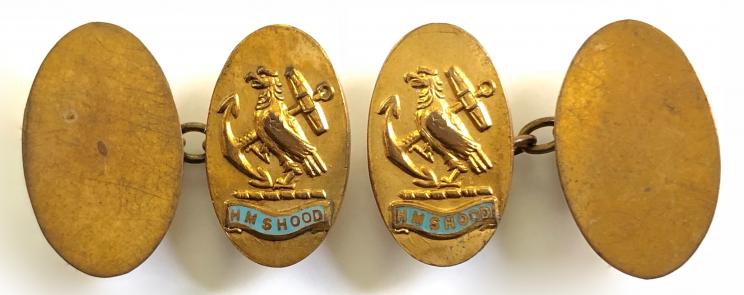 Royal Navy HMS Hood gilt and enamel pair of cufflinks c1920 to 1941