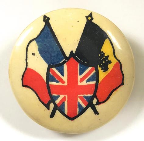 WW1 United Britain France Belgium flag day fundraising tin button badge