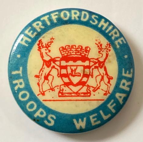 Hertfordshire Troops Welfare wartime fundraising tin button badge