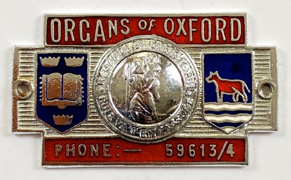 Organs of Oxford St Christopher motor car dealership dashboard badge
