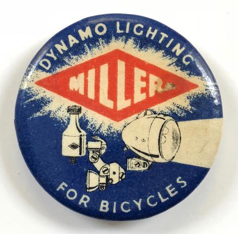 Miller Dynamo Lighting for Bicycles advertising tin button badge