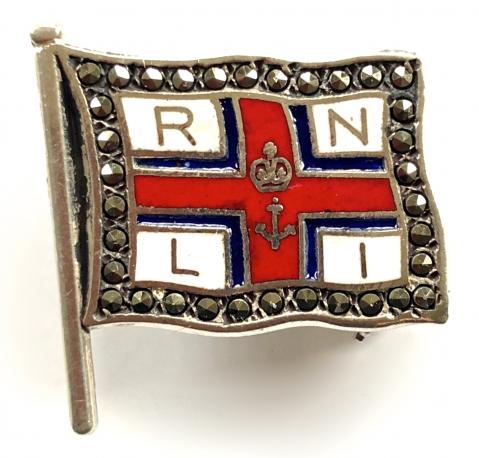 Royal National Lifeboat Institution RNLI silver marcasite enamel badge