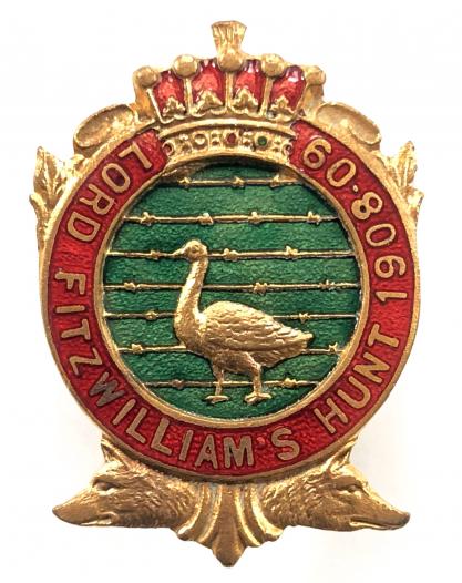 Lord Fitzwilliams Hunt 1908 - 1909 season fox hunting badge
