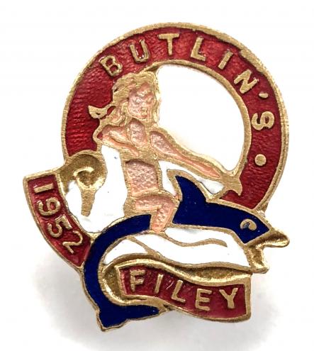 Butlins 1952 Filey holiday camp badge girl riding a fish red labels