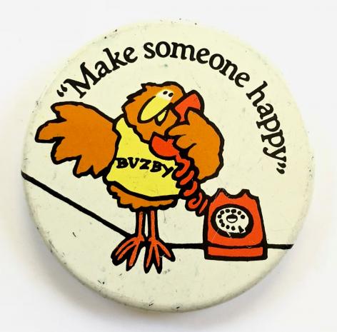 GPO Telecommunications Buzby talking cartoon bird advertising badge