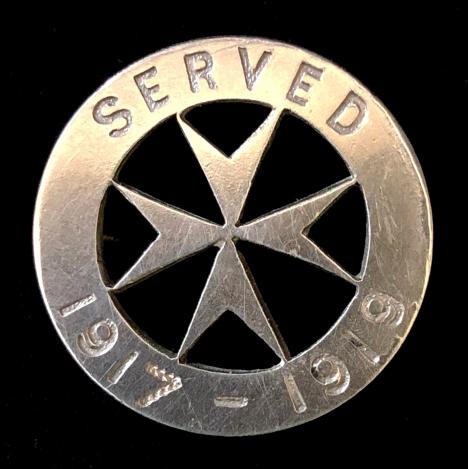 WW1 St.John Ambulance Served 1917 -1919 silver war service badge