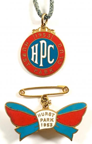 1953 Hurst Park horse racing pair of badges matching numbers
