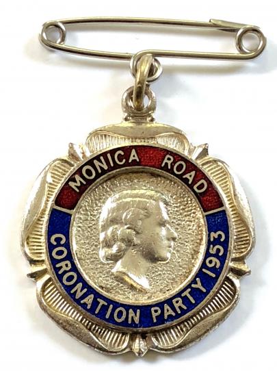 Elizabeth II Monica Road Coronation Street Party 1953 named badge