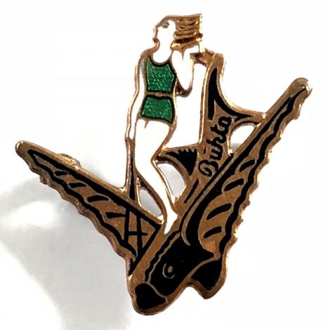 Bukta Swimwear bathing beauty poised on a flying fish promotional badge Art Deco c.1933 by Miller