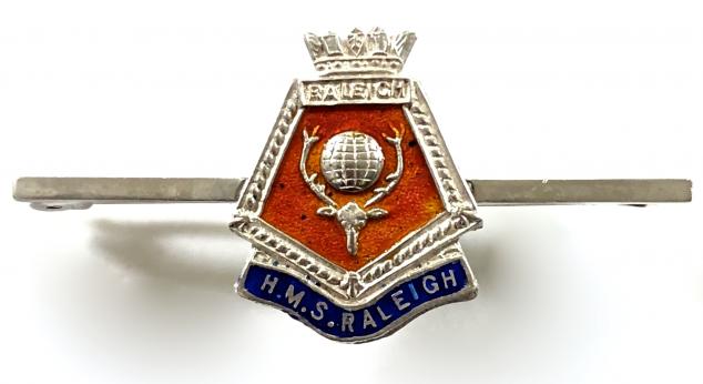 Royal Navy HMS Raleigh ships crest badge silver bar brooch