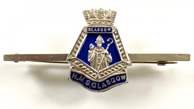 Royal Navy HMS Glasgow ships crest badge silver bar brooch