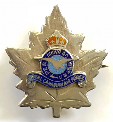 Royal Canadian Air Force silver and enamel RCAF maple leaf pin badge