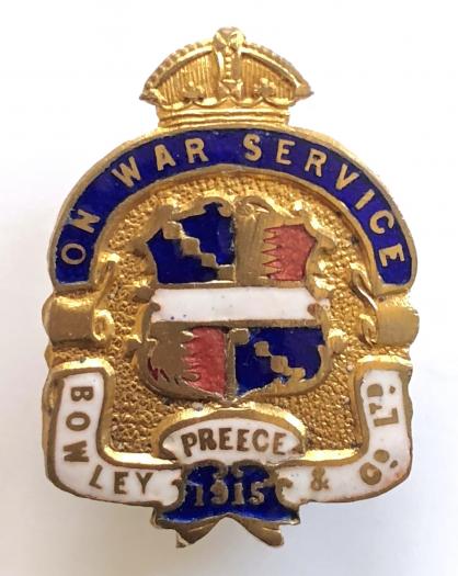WW1 Bowley Preece & Co Ltd Birmingham 1915 on war service badge