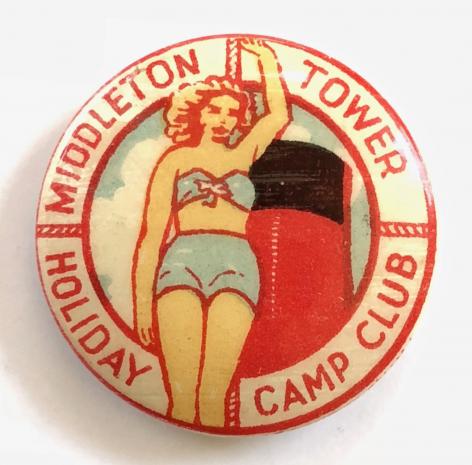 Middleton Tower Holiday Camp Club celluloid tin button badge near Morecambe Lancashire