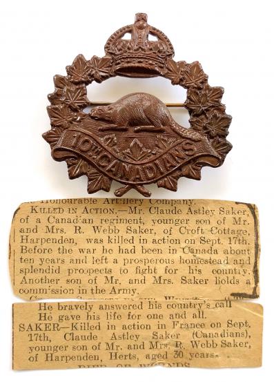 WWI Canadian 10th Infantry Battalion CEF attributed casualty bronzed cap badge