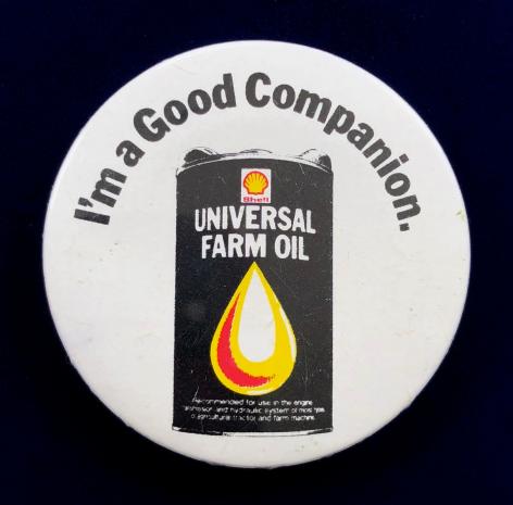 Shell Company Universal Farm Oil tin button promotional pin badge