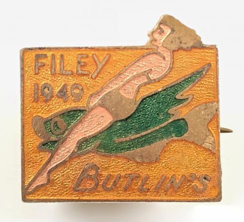 Butlins 1949 Filey holiday camp girl riding a fish badge