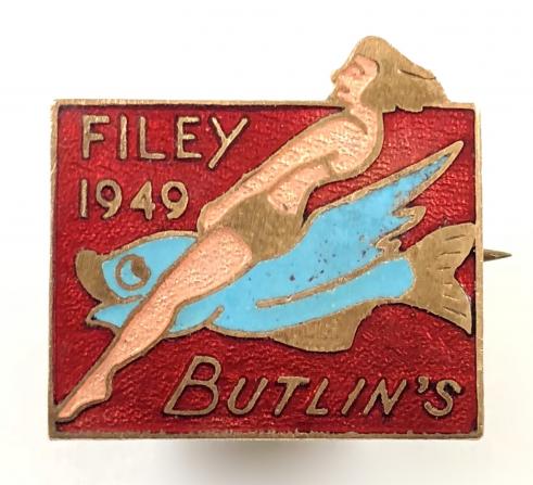 Butlins 1949 Filey holiday camp girl riding a fish badge