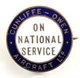 WW2 Cunliffe Owen Aircraft Ltd On National Service war worker numbered badge