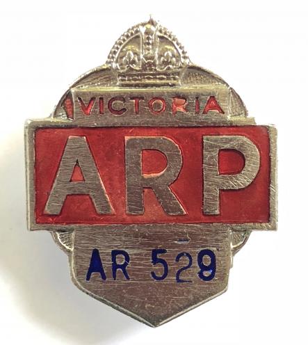 WW2 Air Raid Precautions ARP warden pin badge Victoria Australia AR529