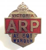WW2 Air Raid Precautions ARP warden badge Victoria Australia AE691