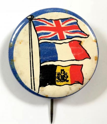 WW1 United Britain France Belgium flag day fundraising tin button badge