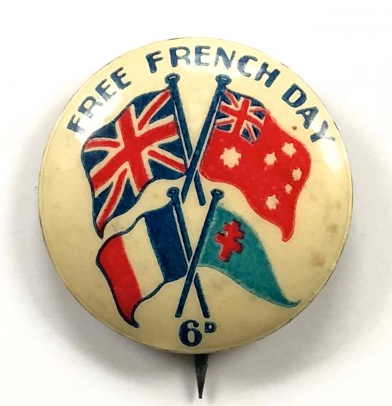 WW2 Free French Day allies flags fundraising tin button badge