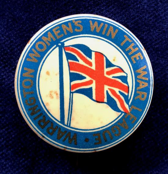 Warrington Women's Win The War League fundraising tin button badge
