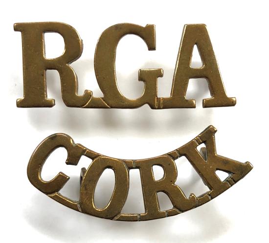 Irish Artillery Militia RGA CORK brass shoulder title badge c.1907