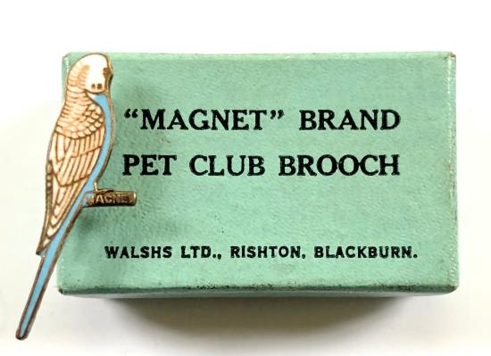Magnet budgerigar vintage badge with maker's advertising presentation box